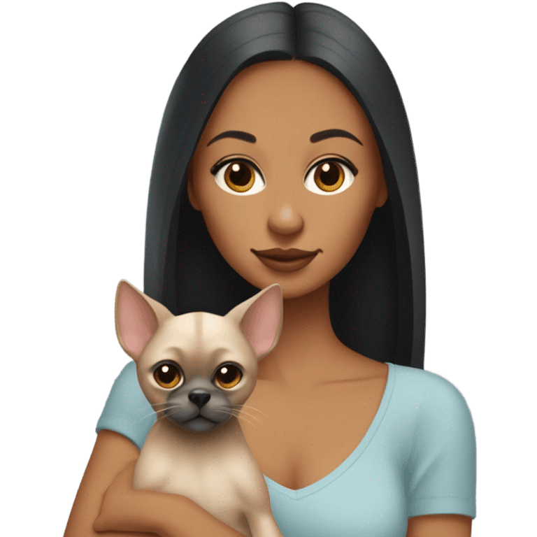 Latino woman with black staight hair and brown eyes is holding a grey sphinx cat and a ginger Pomeranian dog emoji