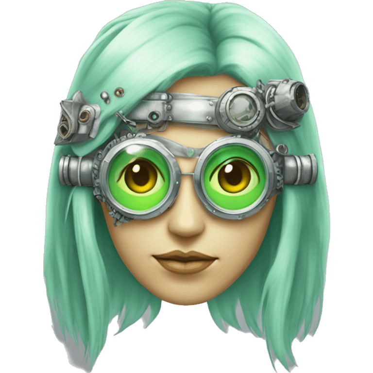 Pastel green long haired female cyborg head with silver steampunk goggles emoji