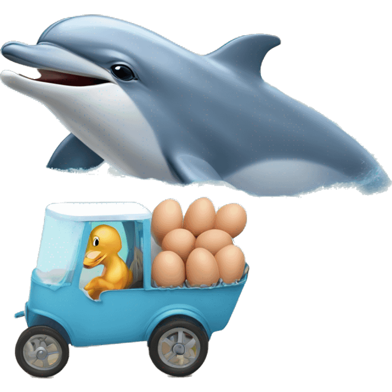 dolphin hatches an egg when dolphin takes the egg to a wagon and puts the egg in the wagon to hatch then dolphin rides along to the sea world farn to tell about a egg emoji