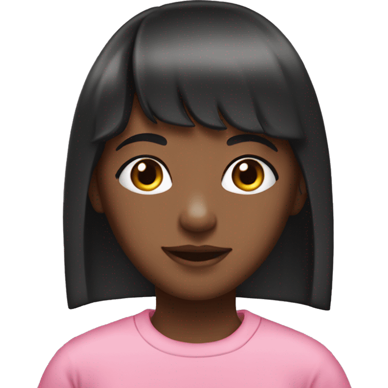 a young girl with dark brown skin, with straight black hair and bangs, wearing a pink sweatshirt. emoji