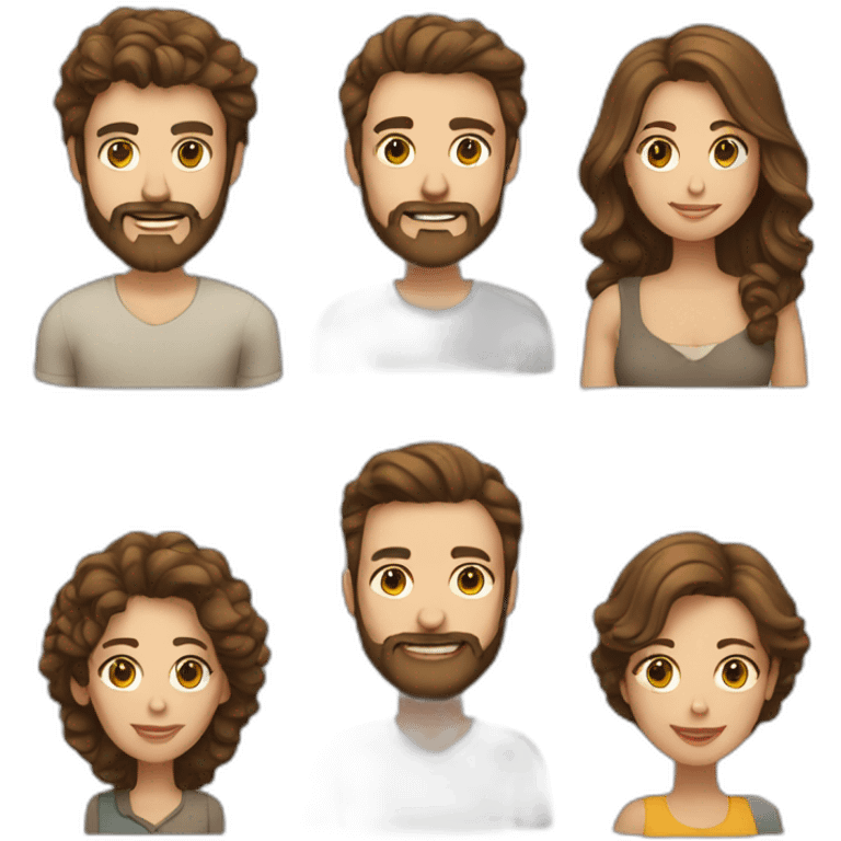 Couple man with brown hair and beard, woman with brown waved hair emoji