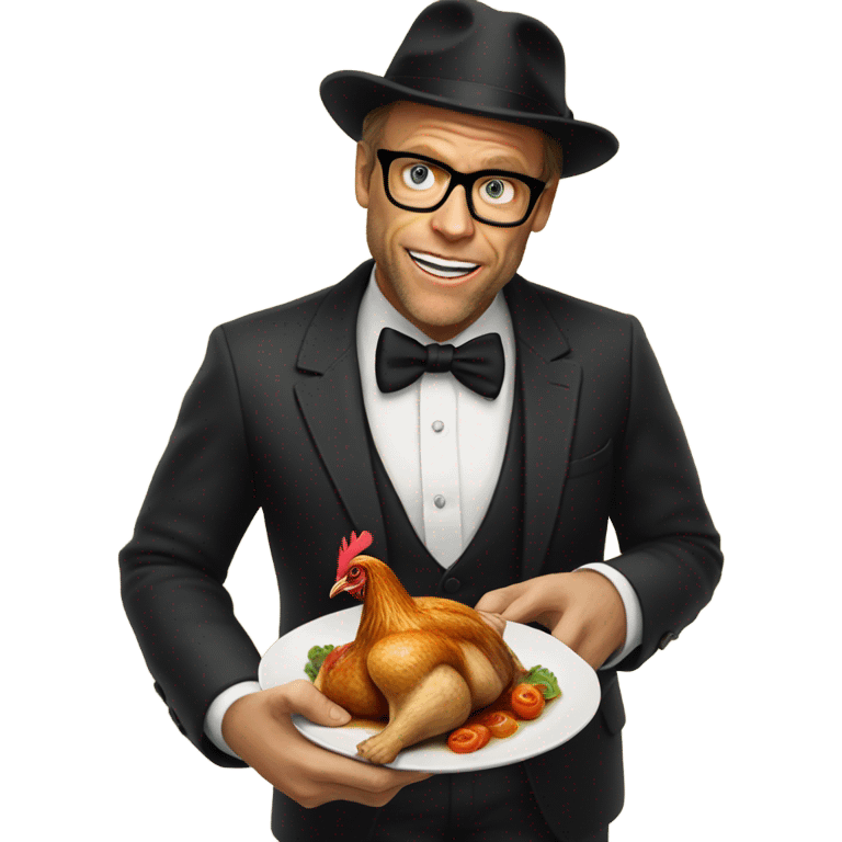 Alton brown wearing black bowler hat eating a roasted chicken emoji