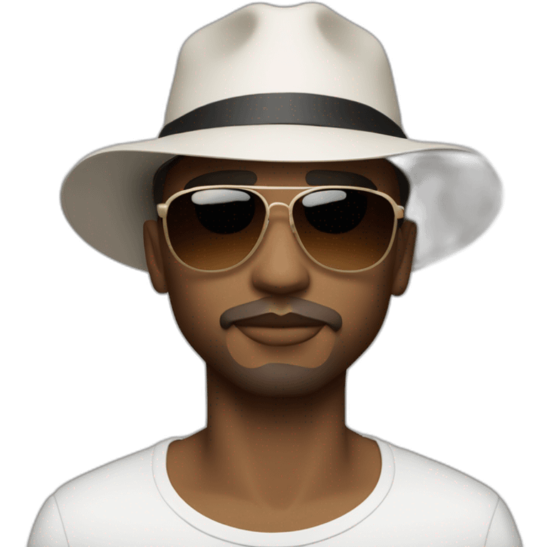 The french singer Lorenzo with this style : medium long brown hair white and short bucket hat and sunglasses emoji