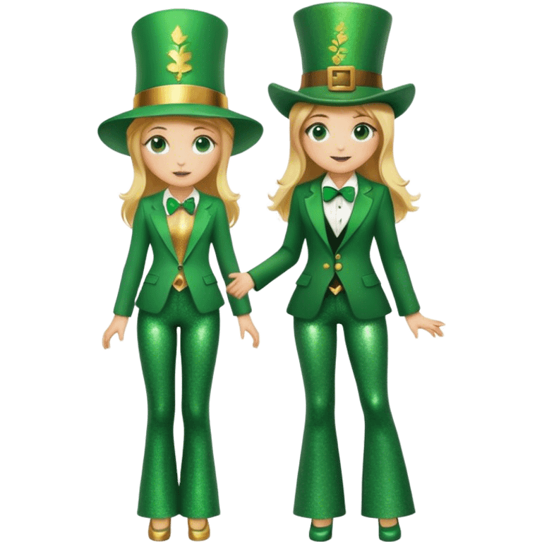 Blonde haired girl in glittery green bell bottoms and tall leprechaun hat and blazer emoji