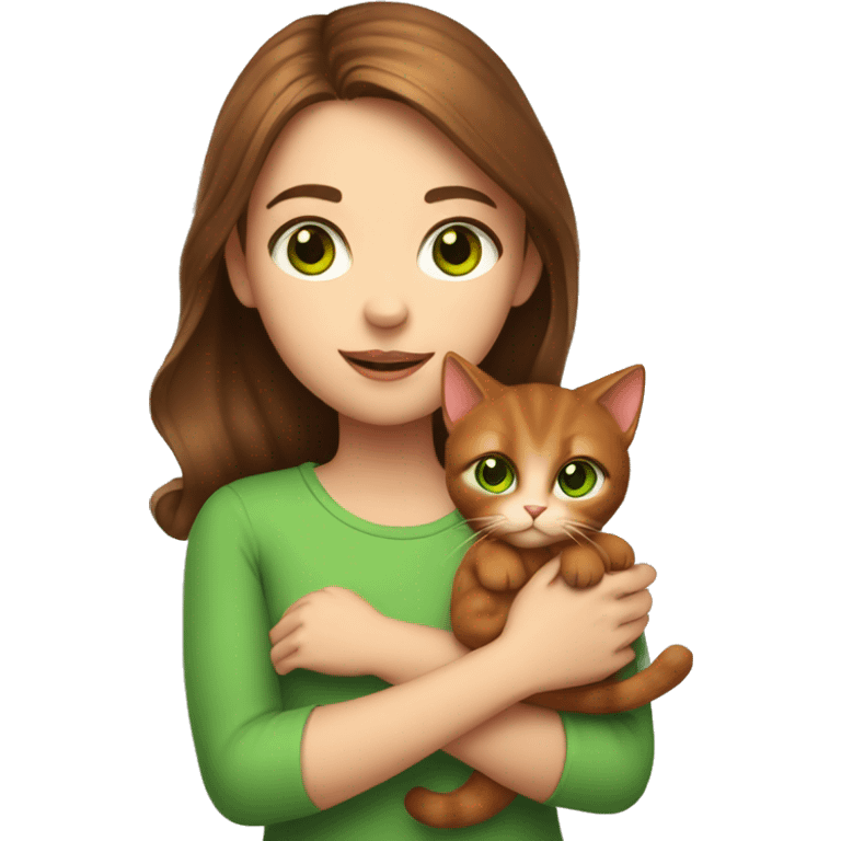 a girl with brown hair and green eyes holds a red kitten in her arms emoji