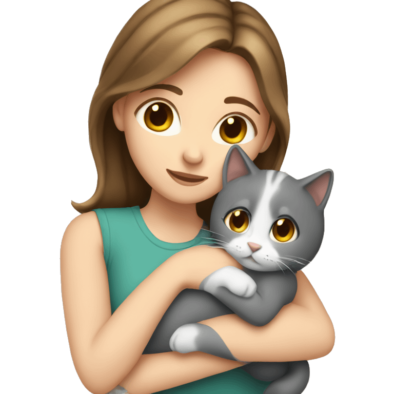 White girl with brown hair hugging grey cat emoji