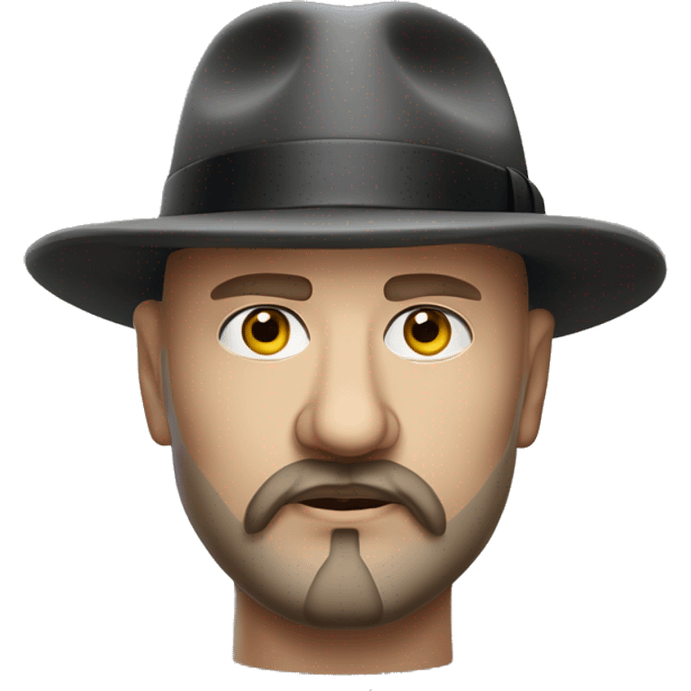 Photorealistic, realism, serious man A plump bald man of Slavic appearance with a goatee beard and mustache, wearing a fedora hat XX century emoji