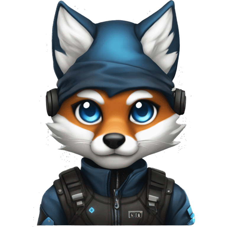 male fox, fur color 3575b, blue eyes, blue ears, black eyebrows, slim body, cyberpunk clothes, black gloves, emoji