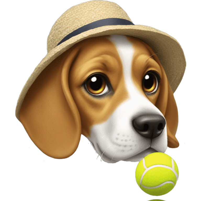 Beagle, playing with a tennis ball, with little sun hat on. emoji