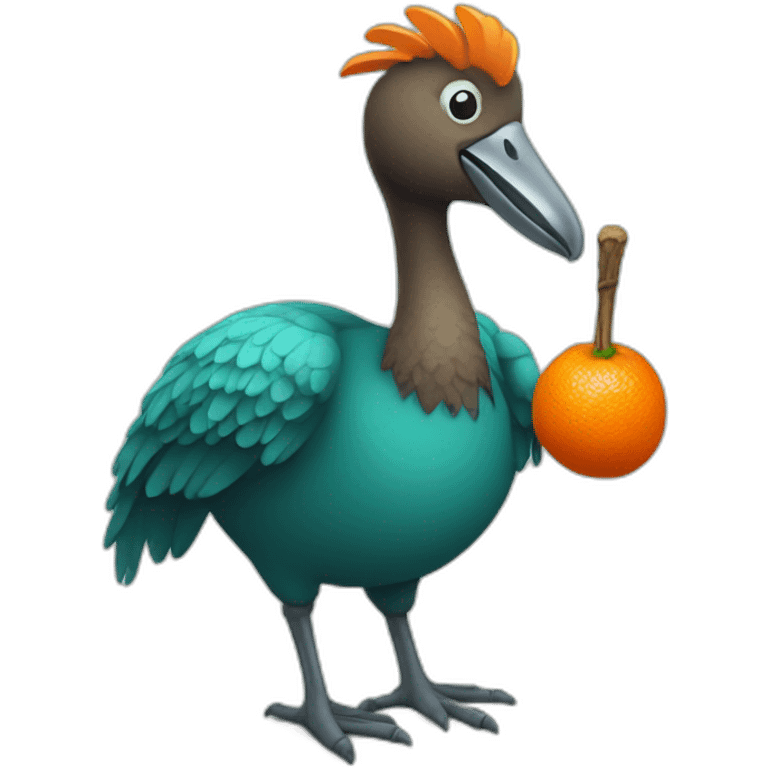 Dodo with orange beak and teal body holding a stick of dynamite emoji