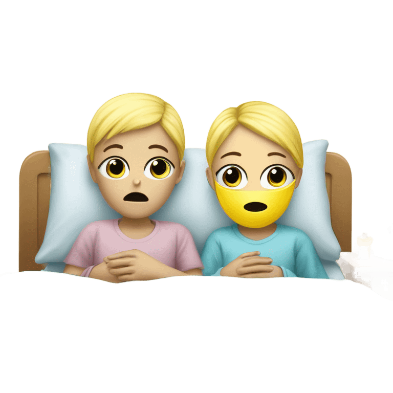 Two blonde children, each in their own bed at home, sick, sad, each wearing a surgical mask, one is a Boy, one is a girl, get well soon sign with yellow heart emoji