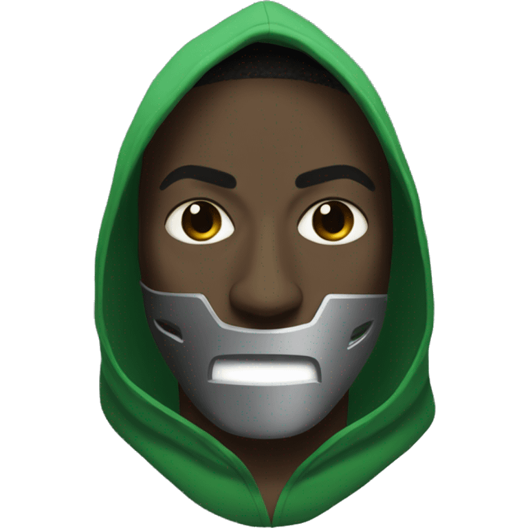 a black male with a green hoodie and mf doom mask emoji