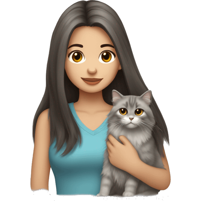 Dark brown straight hair girl with holding fluffy Siberian gray cat  emoji