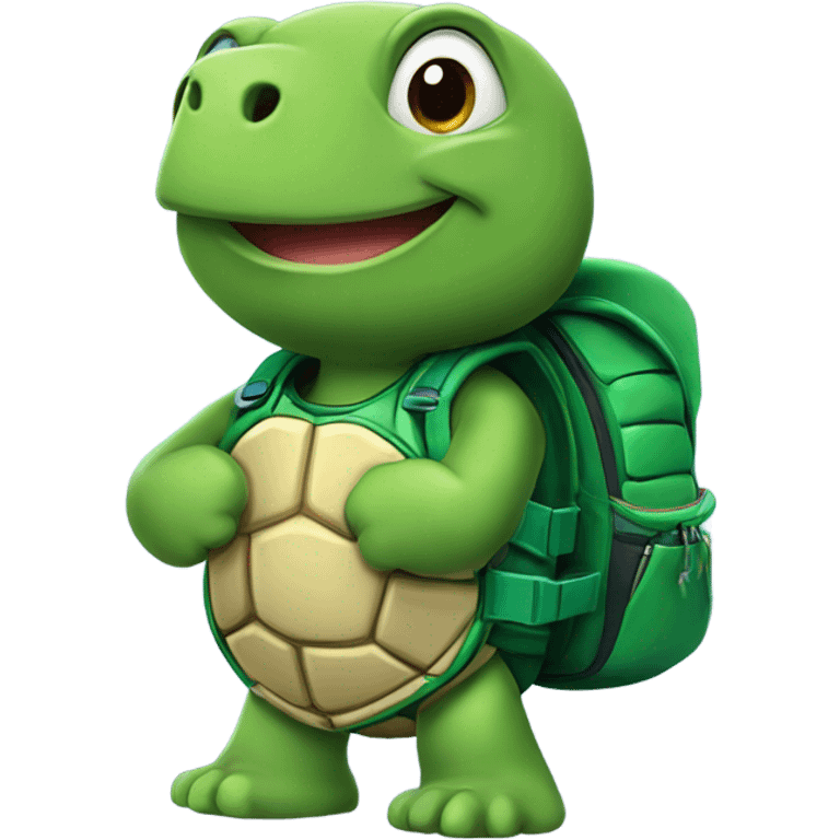 He is a stylized turtle representing persistence and kindness. The main color is green, symbolizing hope. He has a warm smile and always carries a small backpack with balls and medals. He wears a fun sports uniform. emoji