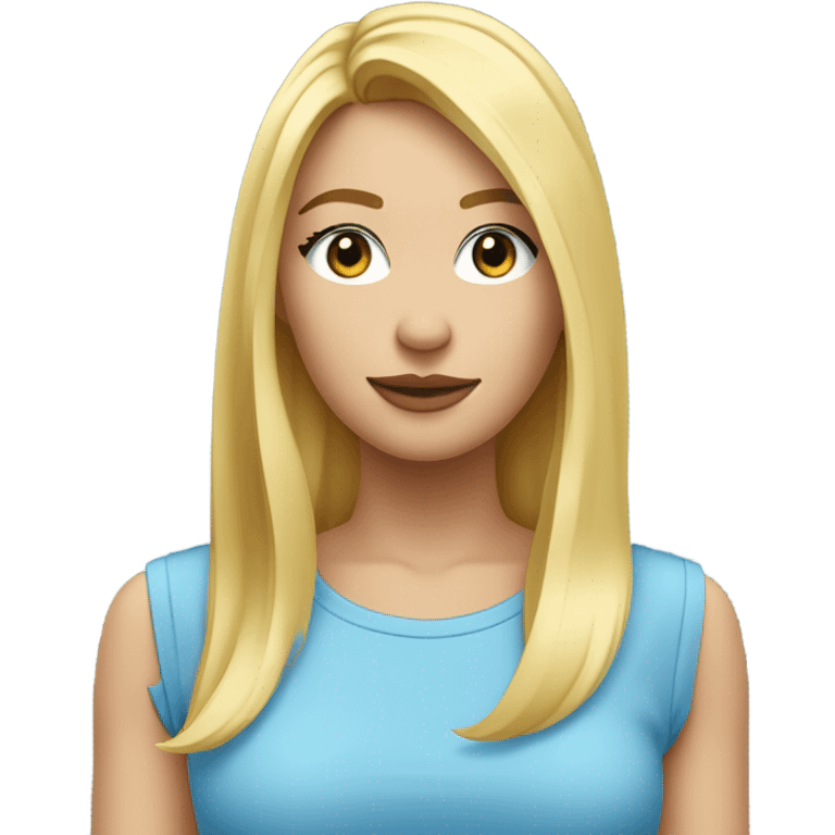 Femme aux cheveux mi-long blond lisse avec peau claire avec les yeux bleus et avec un t-shirt bleu ciel emoji