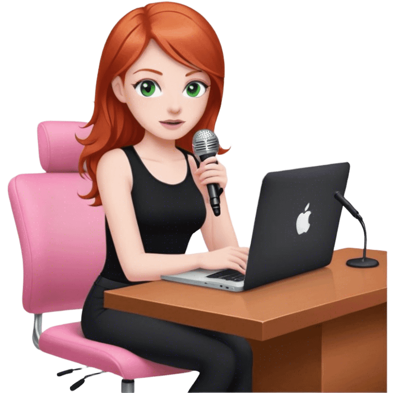 Redhead with green eyes sat at desk with pink MacBook and  podcast microphone black top and pink chair  emoji