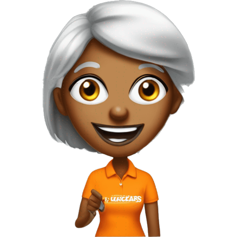 Old small black woman with watering yellow eye sockets, orange polo shirt, above shoulder length straight thin hair, dentures, with a stiff neck holding a and a pizza to a group of her employees at little caesars emoji