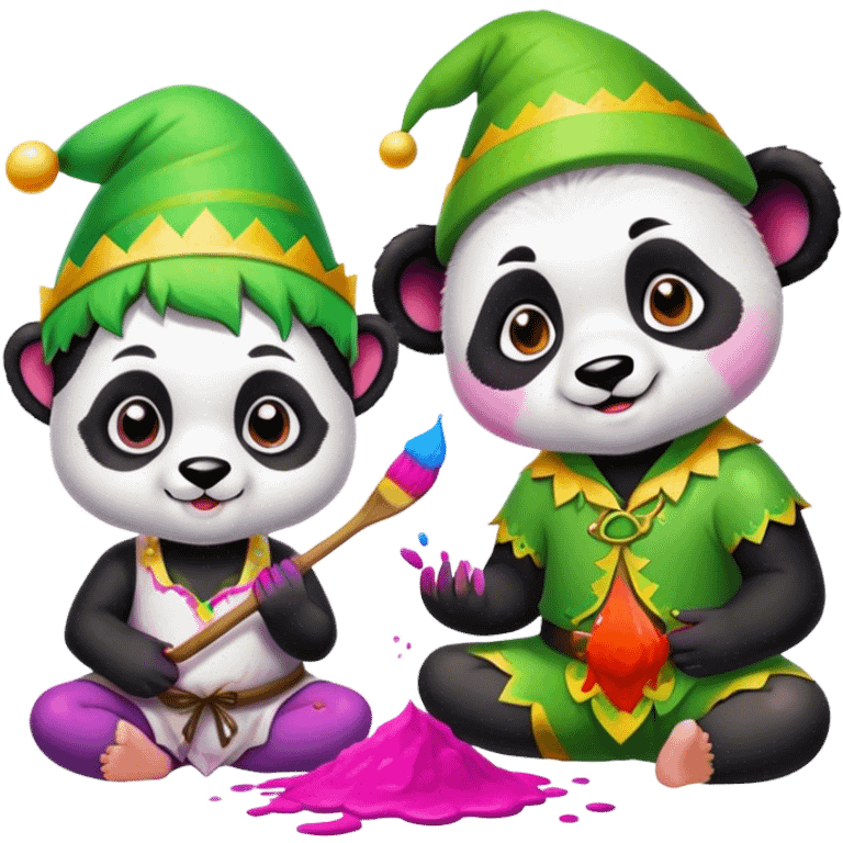 Panda and elf  playing holi emoji