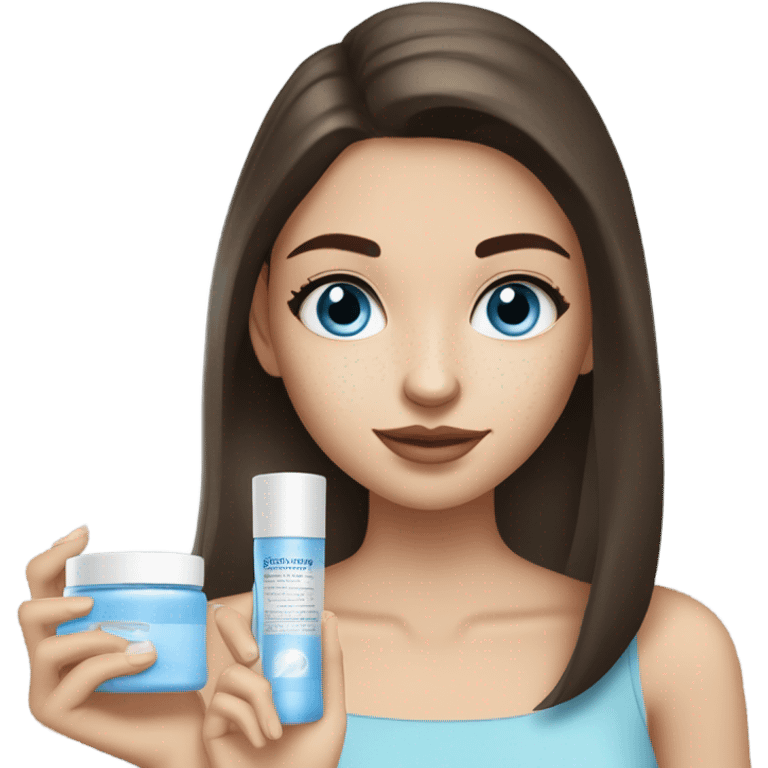 White Skin care on white freackles skin of a brunett blue eyed girl using skin care products  emoji