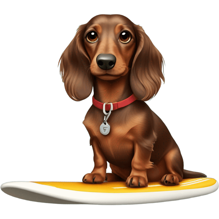 Long haired miniature dachshund brown red on surfboard emoji