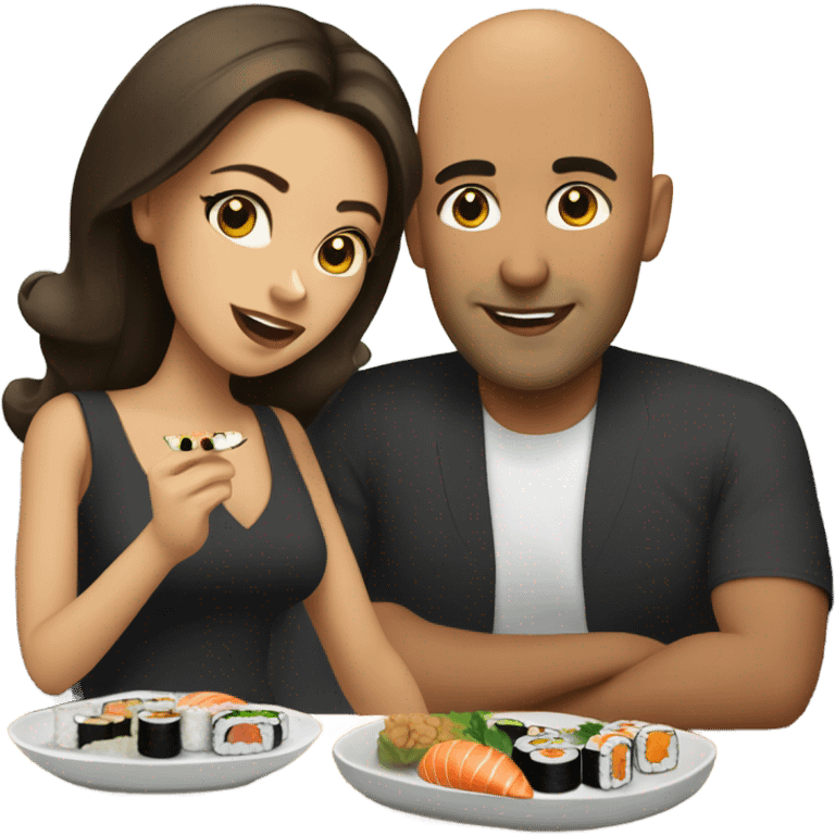 Bald Hispanic man and brunette woman eating sushi emoji