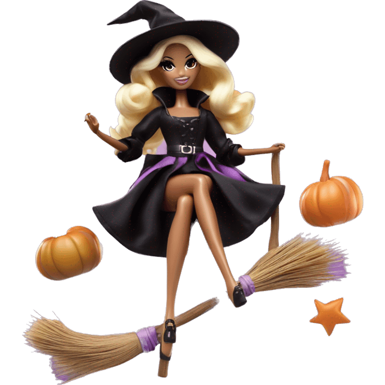 photogenic silkstone Barbie witches enchanted TV series floating gently on broomsticks emoji