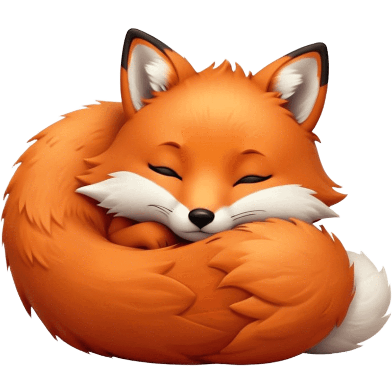 Cinematic cute sleepy fox, curled into a cozy fluffy ball, warm glowing fur, tiny black nose resting on its tail, soft breathing visible, peaceful and charming. emoji