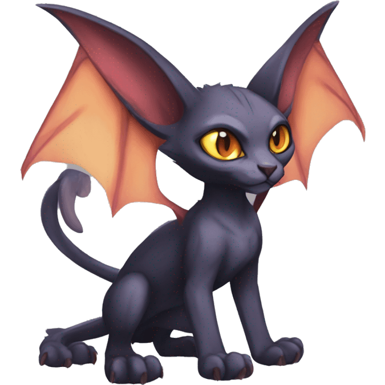 Black cool vampiric Noivern-Litten-Sphynx-Lykoi-Caracal-Fakemon with big bat ears full-body emoji