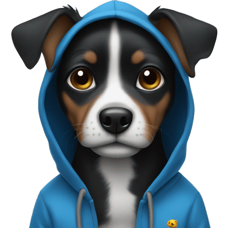 Black small dog wearing a blue hoodie  emoji