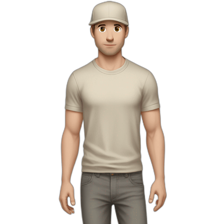 Pale skinned fit Man with dark brown hair in a beige cap, gray jeans, brown polo and white T-shirt keeping a pasted with tape white box into his hands emoji