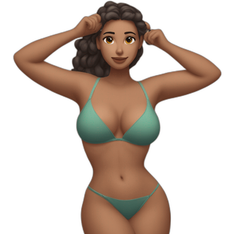 Slim-thicc Caucasian woman small bra hands-in-hair pose (beach body) full body emoji