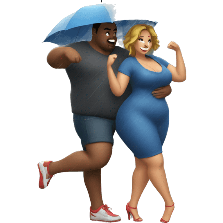 Curvy girl with chubby husband dancing in rain  emoji