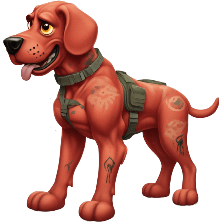 Desert storm humanoid Clifford the big red dog muscled with tattoos on arms book illustration as a military call of duty character standing alone emoji