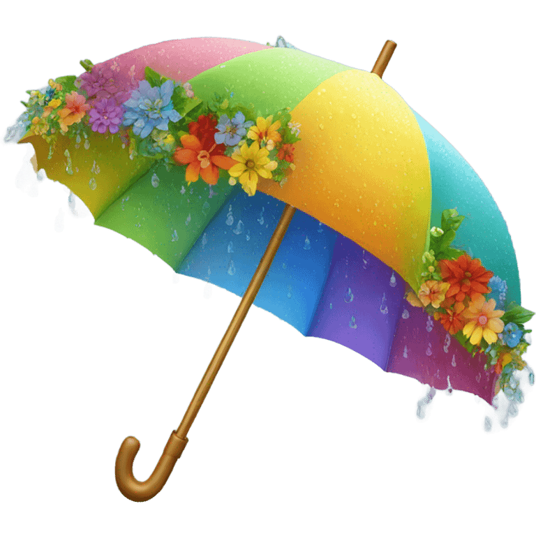 Rainbow umbrella made of flowers with dew drops dripping off and a large handle  emoji