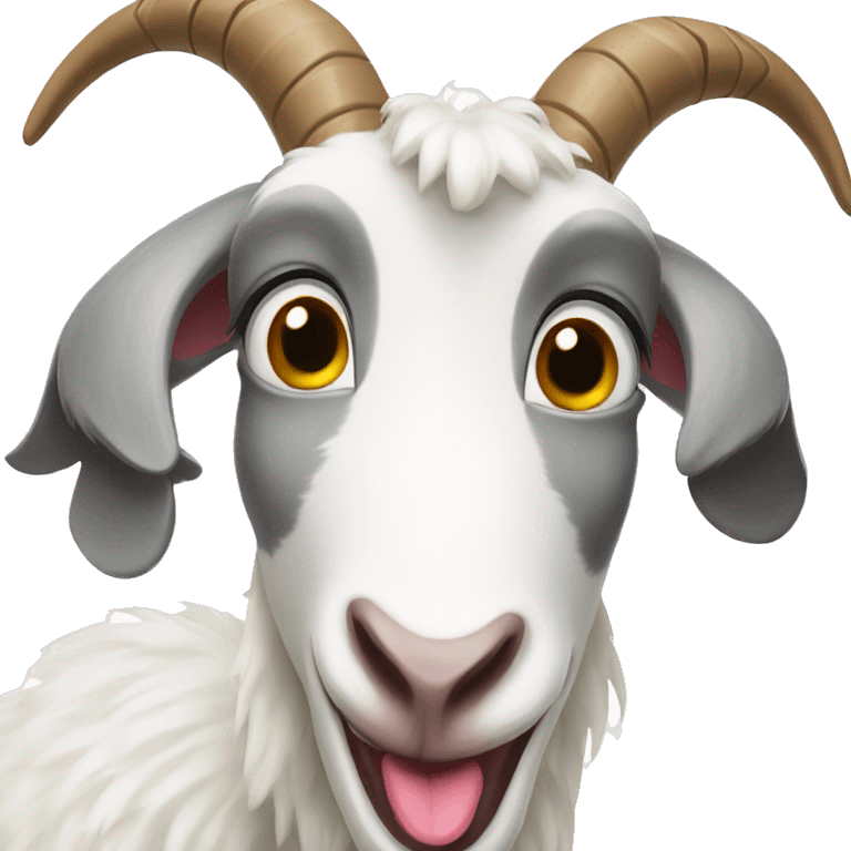 a grey and white goat making an extremely silly face with the tongue all the way out emoji