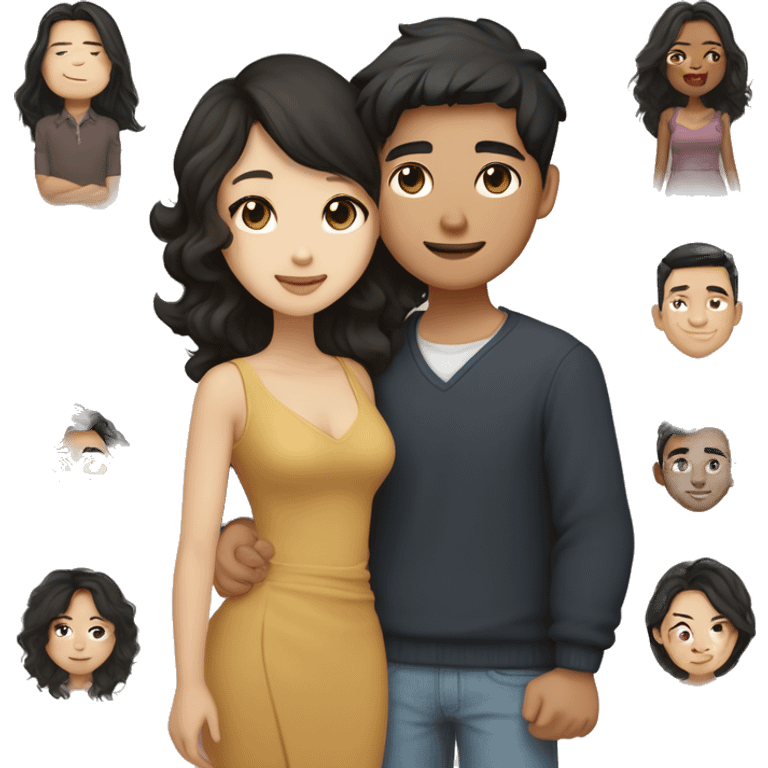 A half pale Asian man with short dark hair and amber eyes embracing and loving a half Asian woman with long wavy dark hair and dark hazel eyes. They love each other a lot And have good fashion taste. And are having a lot of fun emoji