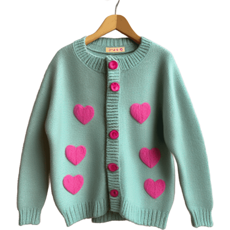 Sage oversize wool open short cardigan with pink heart shaped buttons, isolated emoji