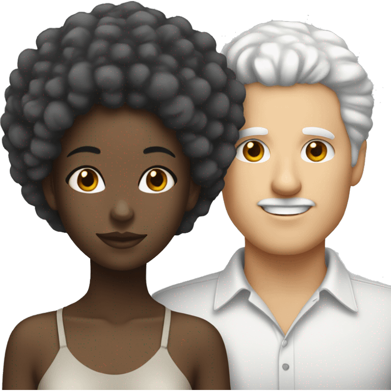 Black girl with Afro and white guy with gray hair couple  emoji