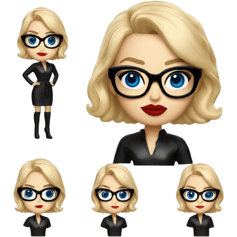  Bobble head Margot Robbie, bright blue eyes and winged eye liner, red kisses, wearing black glasses  emoji