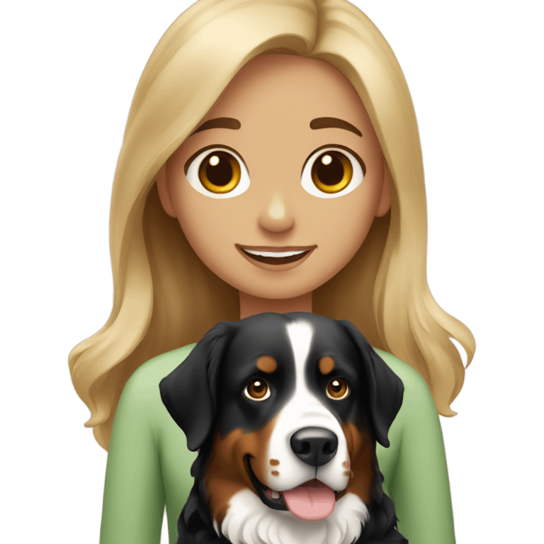 Girl with brown and blonde hair with a Bernese mountain dog emoji