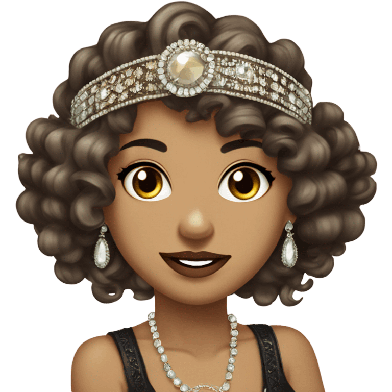 flapper curly long sleeves flapper jeweled headband feminine wavy dark hair smirk emoji