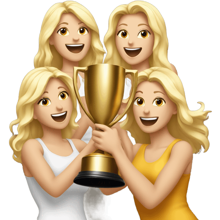 Six beautiful blonde women celebrating with a huge gold trophy emoji