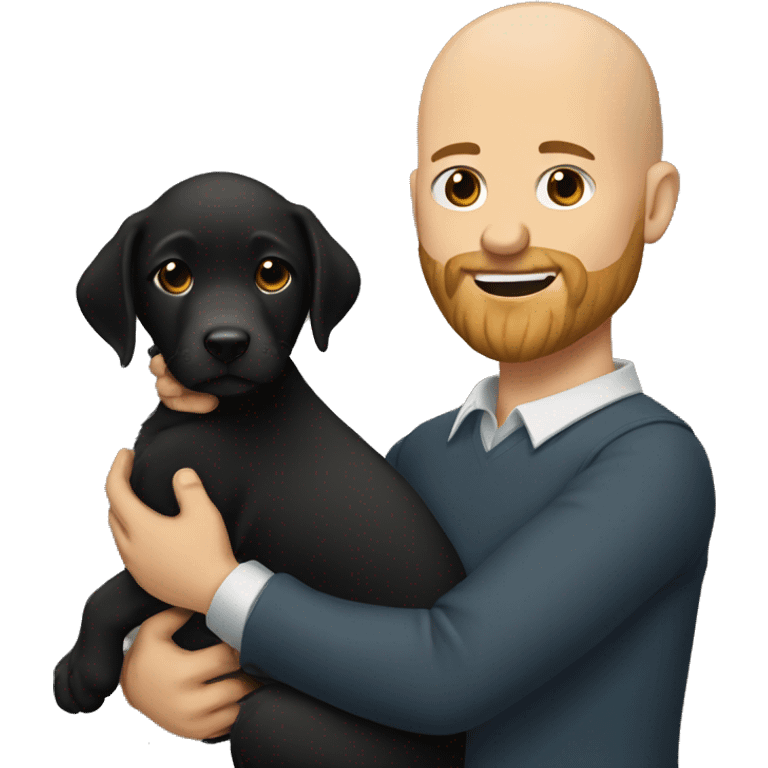 Bald man with beard. Very handsome. Holding black lab puppy.  emoji