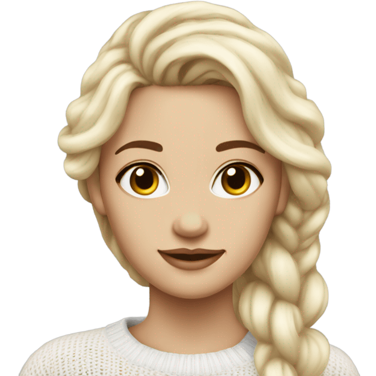 Beautiful blonde with mermaid hair, brown eyes, wearing a white knitted sweater  emoji