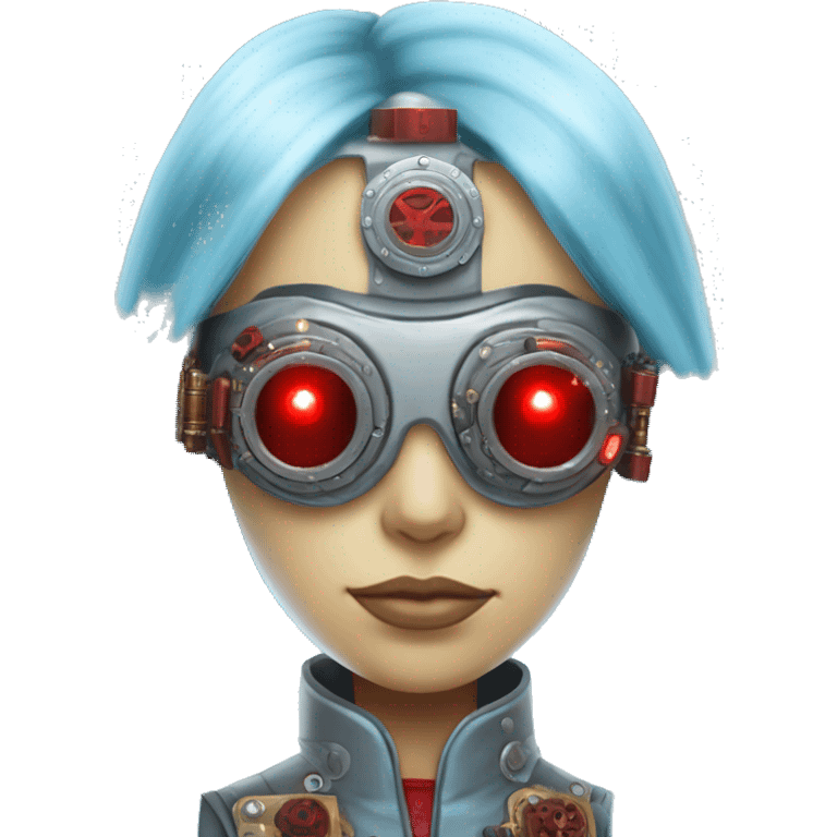 Light blue long hair female cyborg head with red steampunk goggles and circuits emoji