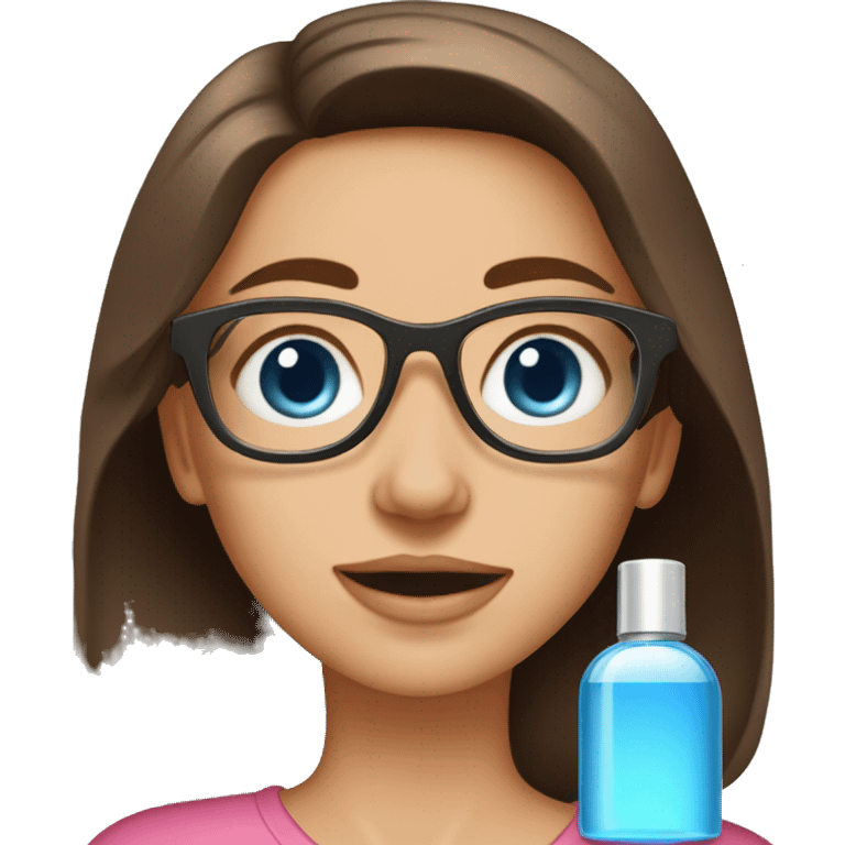 Medium length brown haired girl with blue eyes wearing glasses. Girl is spraying perfume emoji