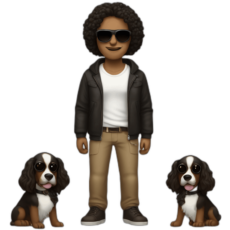 Brown men with black hair with sunglasses with black and Brown spaniel coctet emoji