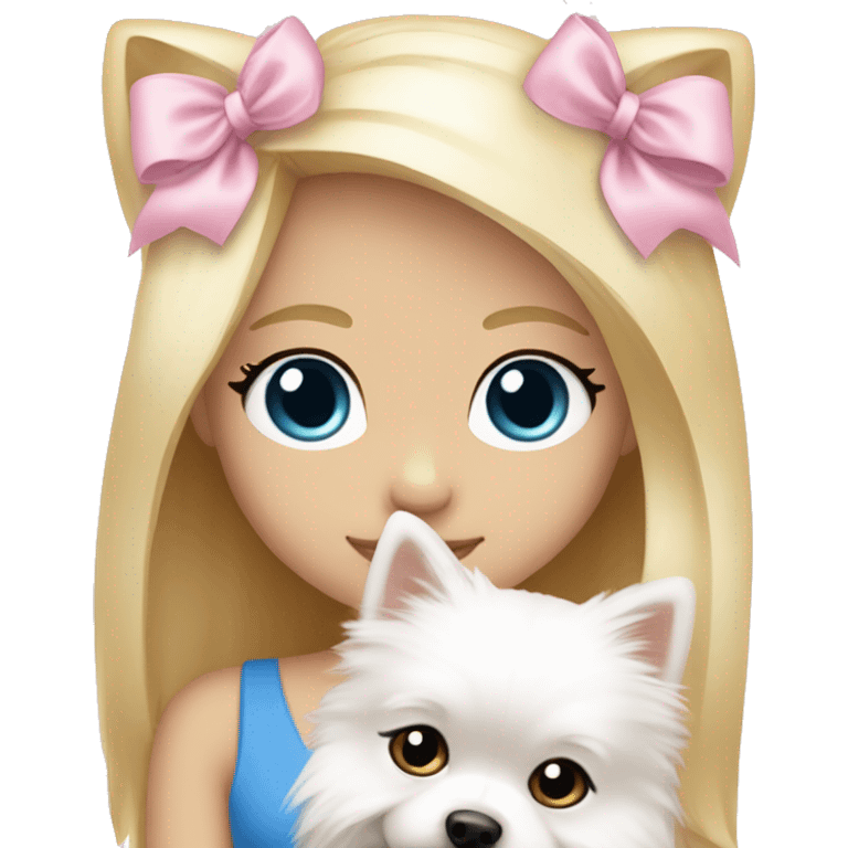 Blond girl white skin blue eyes hugging white Pomeranian with light pink bow emoji