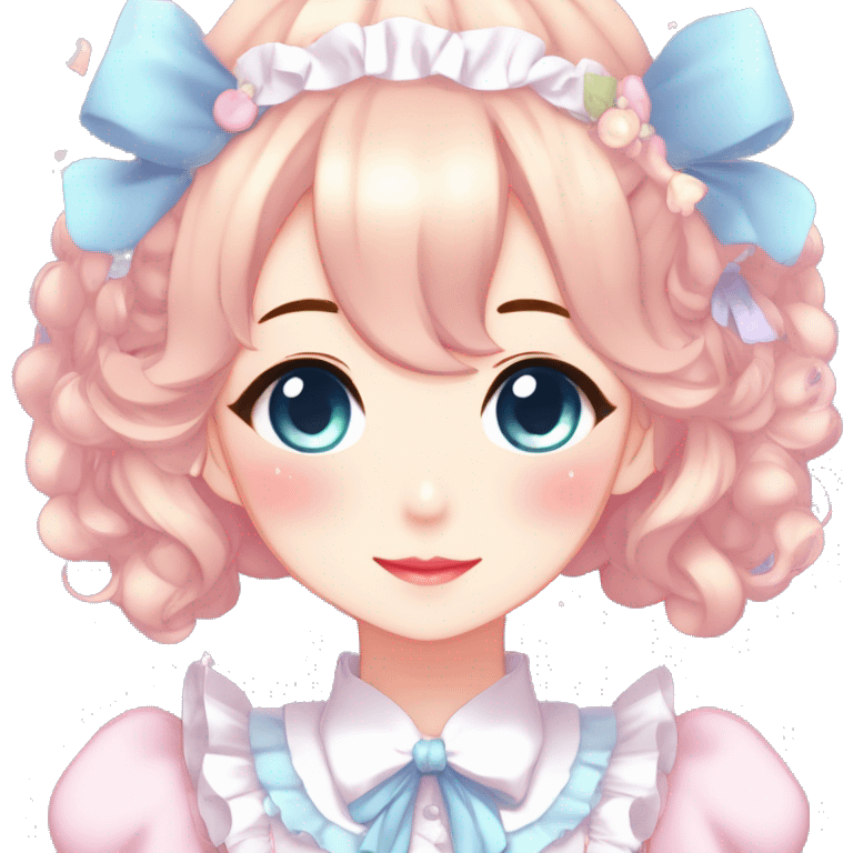 Gorgeous anime style lady blushing face maid outfit Lolita idol model colorful shiny sparkle kawaii pastelcore cottagecore pearly petite simplistic aesthetic trending style emoji