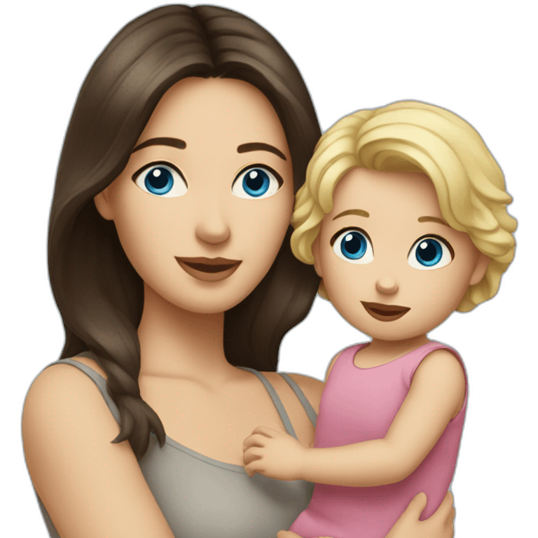 Brunette woman with blue eyes holding blonde toddler girl with blue eyes emoji